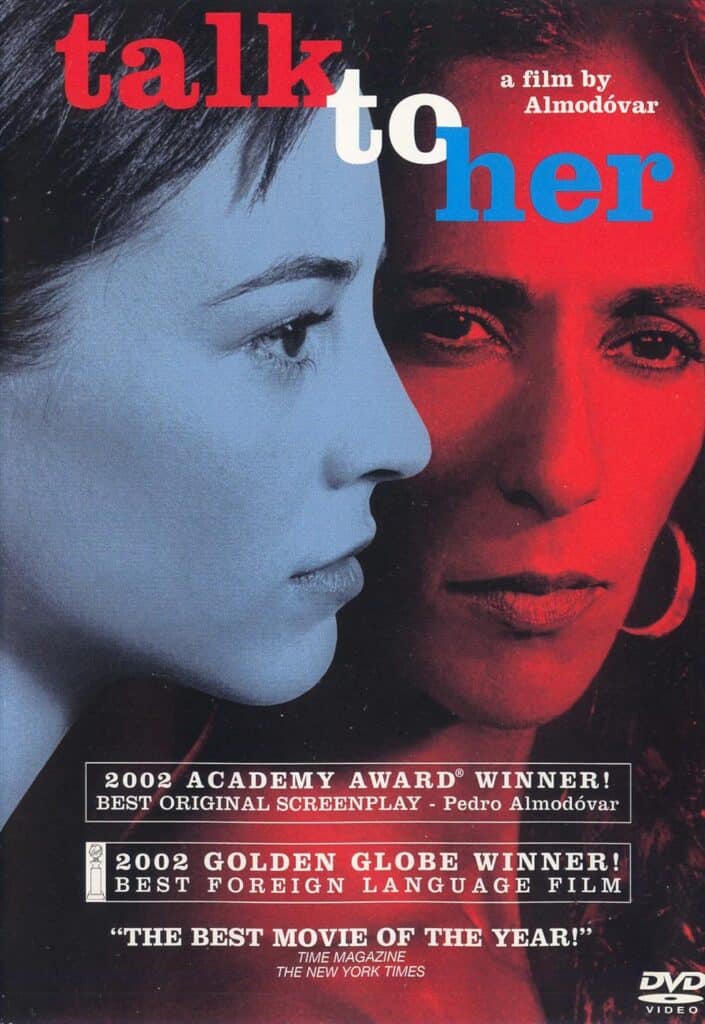 a DVD cover of talk tto her with a woman with blue hues facing sidewards and a woman looking down with red hues