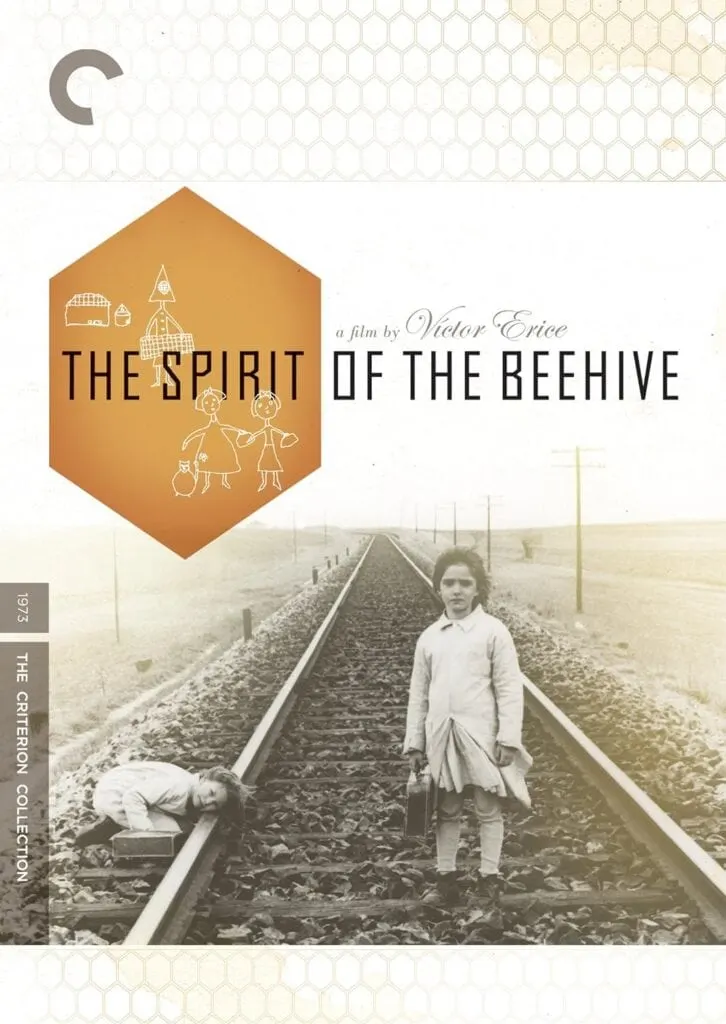 a dvd cover of the spirit of a beehive, looks like an old picture of children on a train tracks