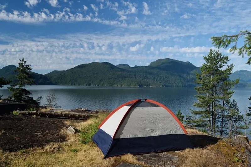 apostle islands camping in wisconsin, tent overlooking Lake Superior