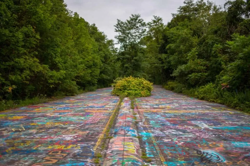 Find the coolest abandoned places in the us, long abandoned street completely covered in colourful graffiti with bushes in the centre and green trees to the sides