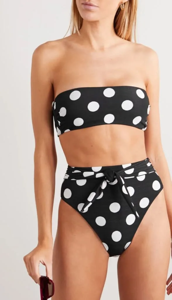 woman in black and white polka dot bikini from mara hoffman; affordable sustainable bikinis