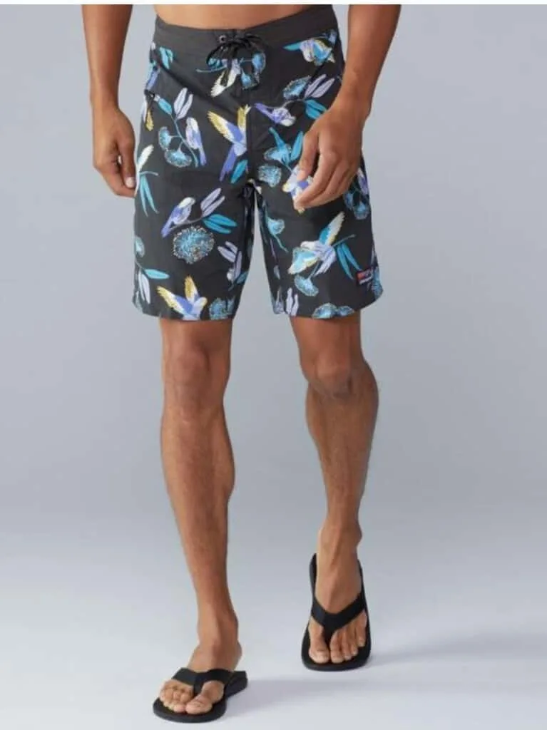 man in patagonia swim trunks with bird pattern; ethical swimwear for men