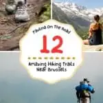 Three pictures, one with hiking shoes, onr lady facing the back and a hiking person
