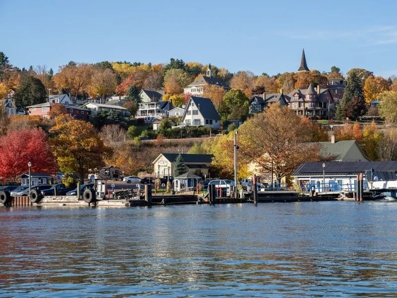 Cityscape view of Bayfield Wisconsin with autumn trees and houses by the lake