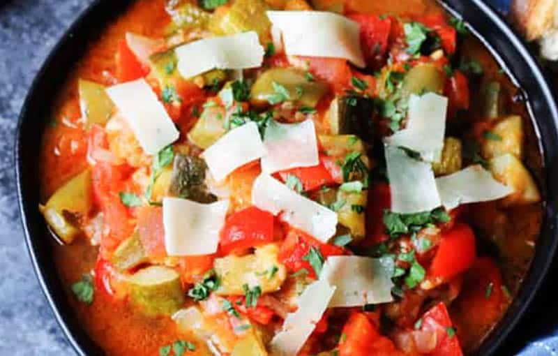 Traditional foods in Spain are not hard to find, overhead shot of Pisto Manchego dish