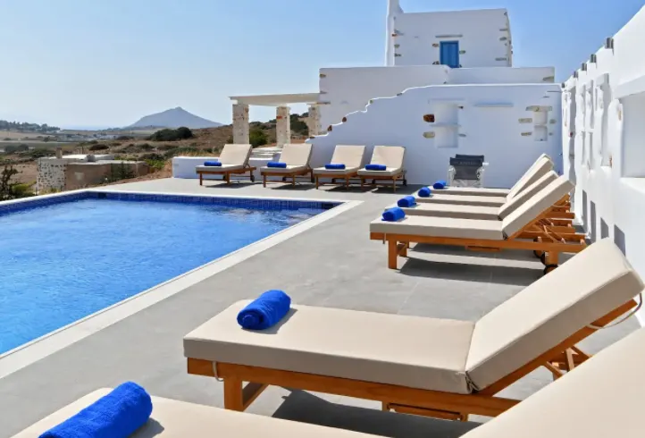 Best luxury Villas in Naoussa, Paros, The eco pool 6m.x12m. with view to the surrounding countryside and the sea.