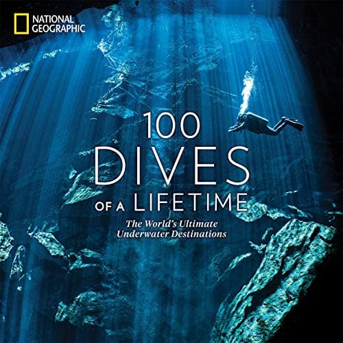 Europe coffee table book, book cover showing diver in scuba gear with oxygen bubbles trailing out of their equipment floating next to large underwater rocky structure with shafts of sunlight streaming through