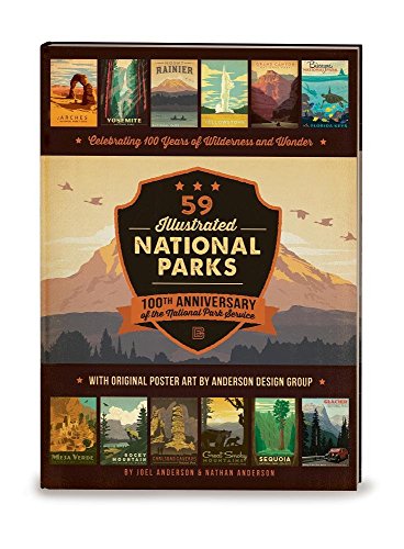 Decorative travel books, book cover showing different artworks of national parks with various natural formations rendered in bright pastel colours