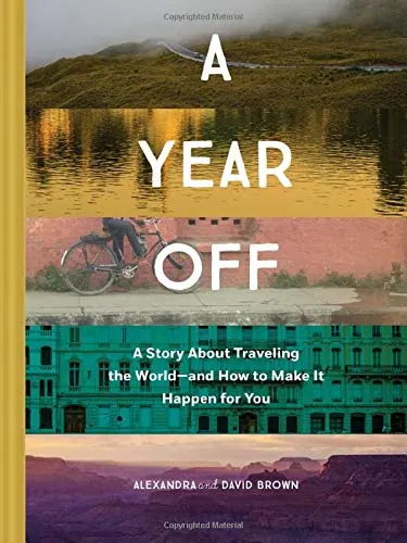 Travel coffee books, book cover showing horizontal slices of five different photographs including a misty mountain road, a lake at sunset, a cyclist leaning against a wall, a large European apartment building and a mountain range