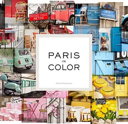 France coffee table book, book cover showing collage of photographs of bits of French culture in several bold primary colours arranged like a rainbow wheel