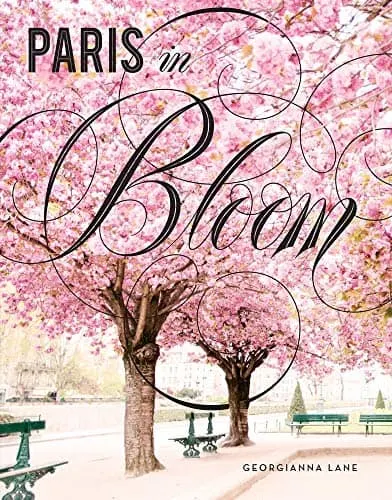 Coffee table book travel, book cover showing Parisian boulevard lined with trees blooming with large pink flowers with ornate green-painted metal benches