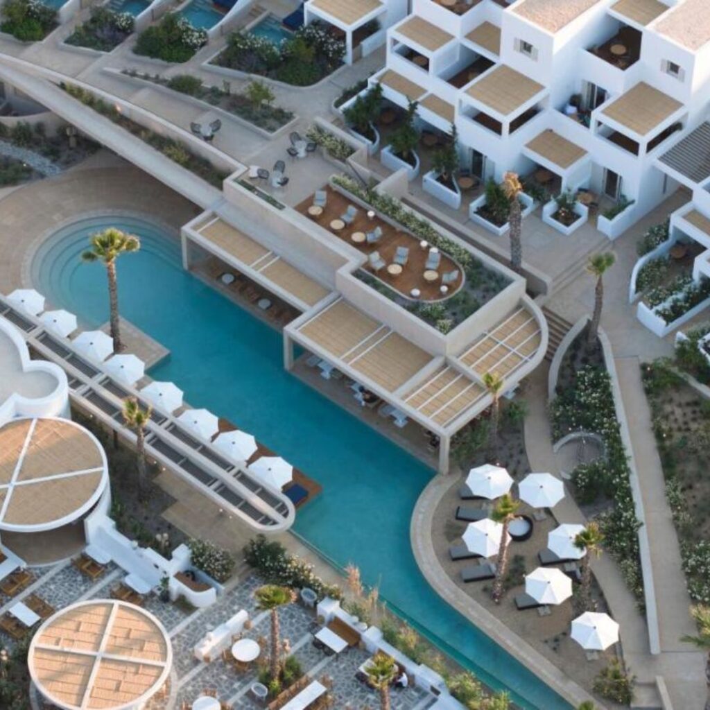 an aerial view of the poolside and building at Avant Mar Paros