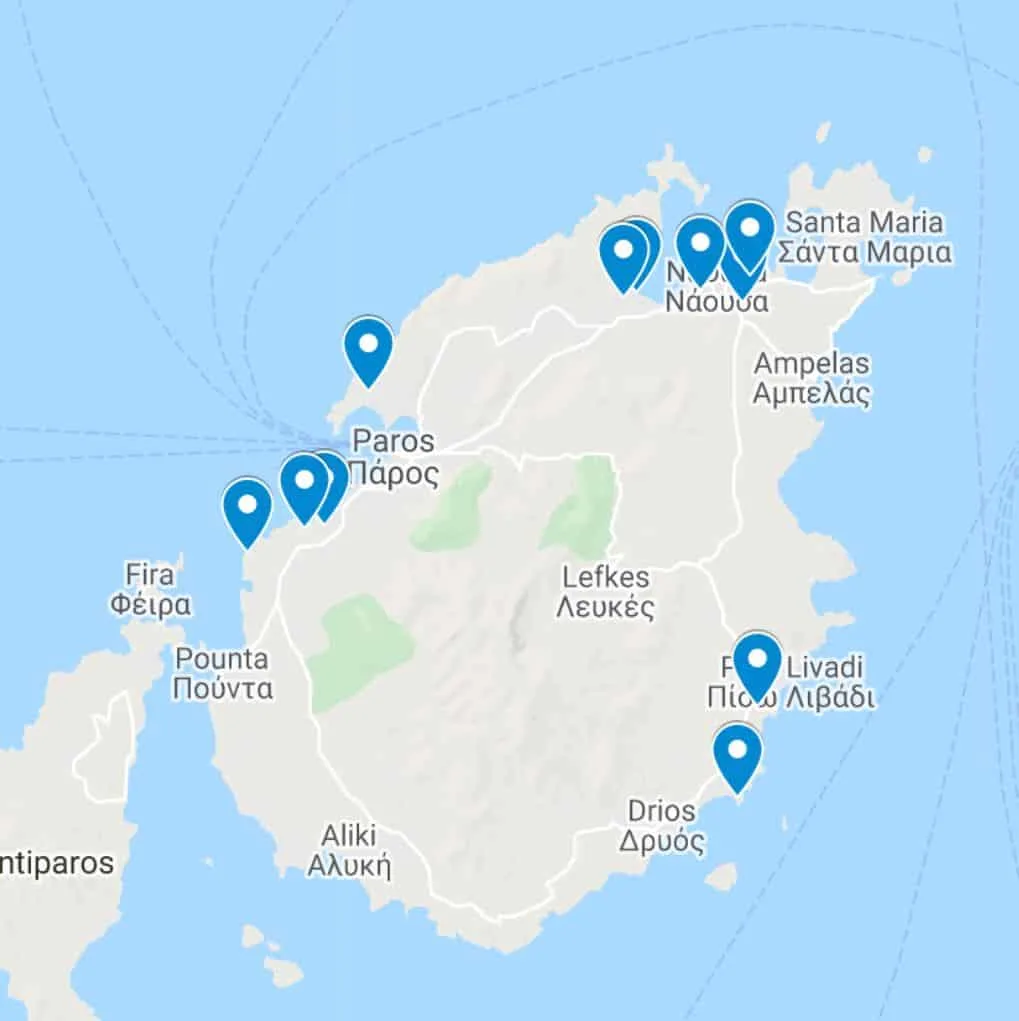 a google map with pins of the Best Luxury Hotels in Paros Island Greece