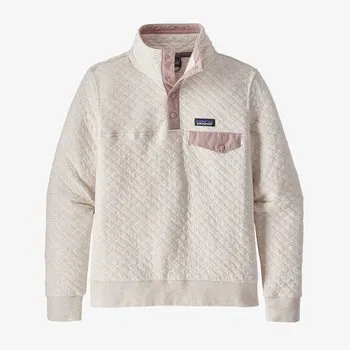womens recycled polyester clothing, white quilt patagonia pullover with pink highlights around neck and pocket