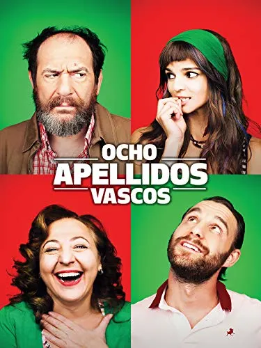 Enjoy some movies that take place in spain, movie poster for Ocho Apellidos Vascos (Spanish Affair) with four people looking at each other on a red and green chequered background
