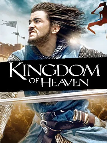 Check out the greatest movies set in spain on Netflix, movie poster for Kingdom of Heaven with man wearing chainmail running towards battle with flags flying behind him