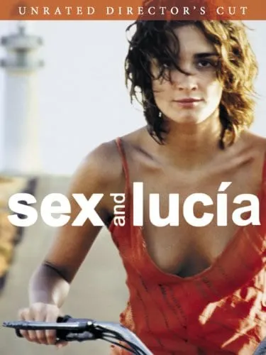 Watch some new films in spain, movie poster for Sex and Lucía with woman on bicycle wearing low cut red top looking at viewer