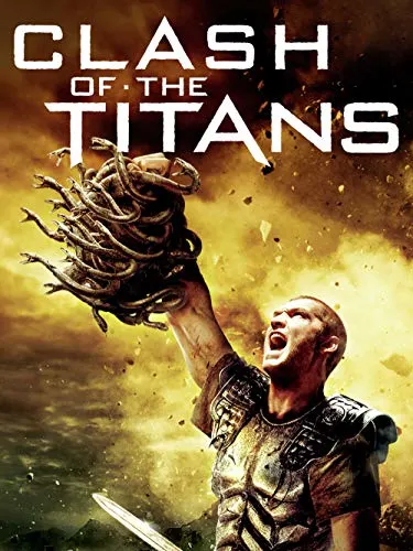Enjoy this movie from spain, movie poster of Clash of the Titans with man holding severed head of a gorgon while shouting