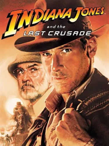Discover the best Action Movies Set in Spain, movie poster for Indiana Jones and the Last Crusade with man in hat holding whip with older Scottish man behind him