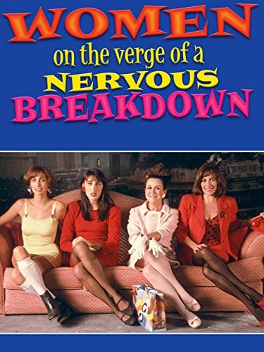 Enjoy some movies about spain, movie poster for Women on the Verge of a Nervous Breakdown with four women sitting on a low pink sofa