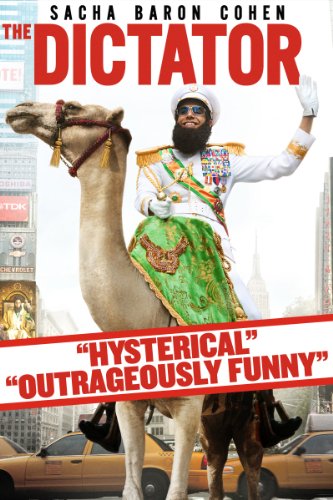 Don't miss these films set in spain, movie poster for The Dictator with a man in military uniform sitting on the back of a camel in the middle of New York City