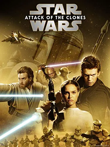 Get absorbed in these disney movies set in spain, movie poster for Star Wars: Episode II - Attack of the Clones with several men in robes holding shiny sticks with emotionless woman holding a raygun with generic space soldiers standing underneath