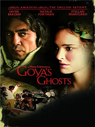 Don't miss these films set in spain, movie poster for Goya’s Ghosts with close up pictures of the two main protagonists over a painting