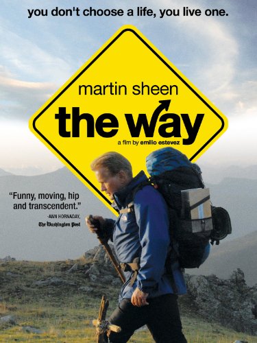Enjoy the best action movies in spanish, movie poster for The Way with man wearing hiking gear and carrying a large rucksack walking along a rocky mountain path