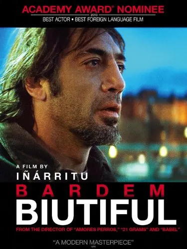 Check out these popular movies in spain, movie poster for Biutiful with man looking shocked standing in front of wide shot of city