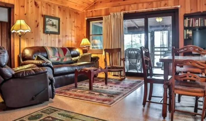 Winter getaways in Wisconsin for families, inside view of Birchwood Cabin at Black’s Cliff Resort