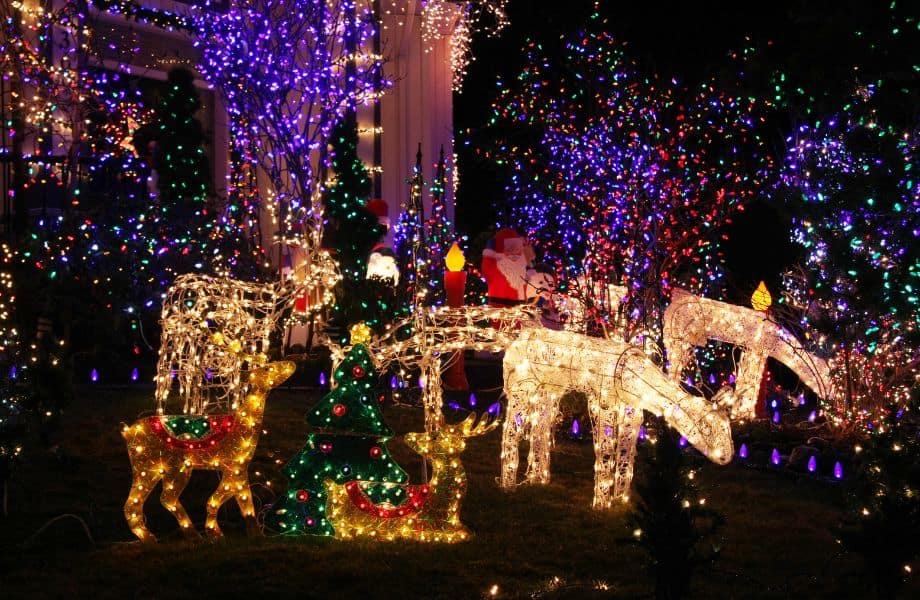 fun christmas events in wisconsin, lit up Christmas display with reindeer, santa, and many trees covered in lights