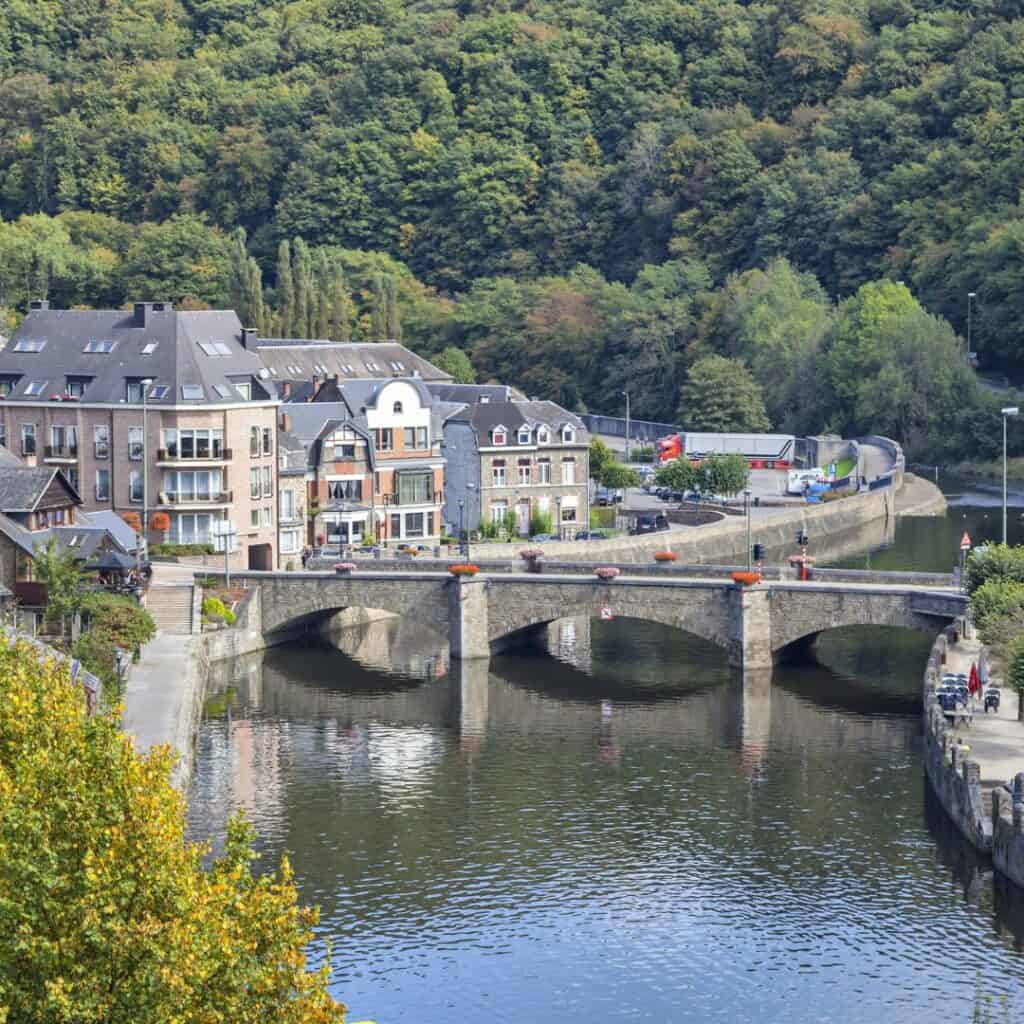 buildings with a bridge over a river surrounded by a forest