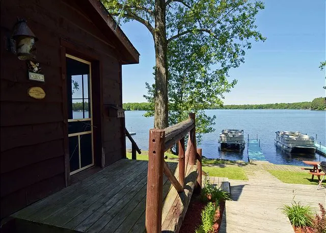 best lake resorts in Wisconsin, view of the lake from side of cabin at Grand Pines