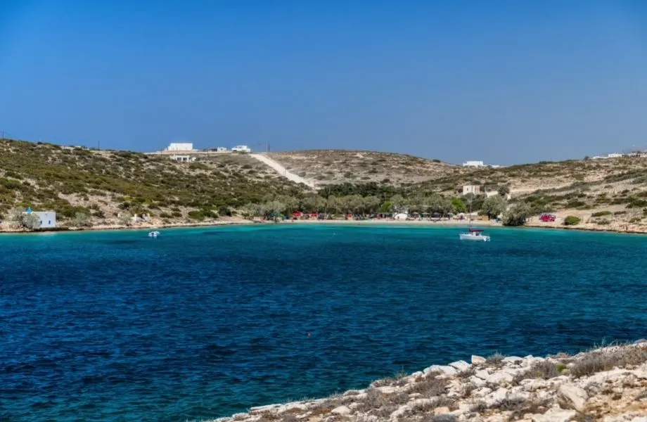 best beaches in Paros, boats on the water in the inlet of Agia Irini Beach