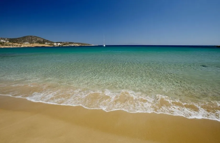 top beaches in Paros Greece, water covering the sandy beach along Faragas Beach Paros