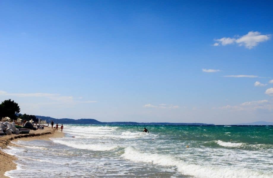 the top beaches in Paros, people walking along Punda Beach Paros