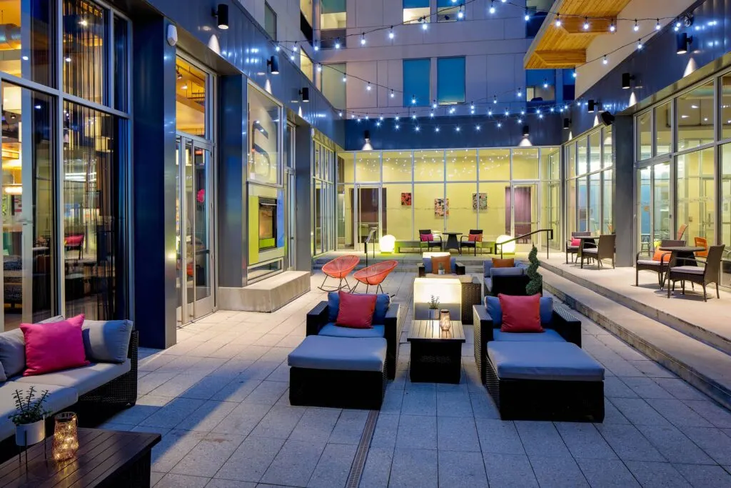 romantic resorts in green bay wi, outdoor seating area at Aloft Green Bay