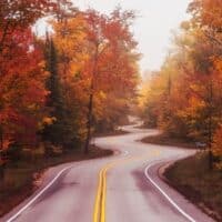 things to do in Door County in October, winding road in door county with fall leaves lining the road