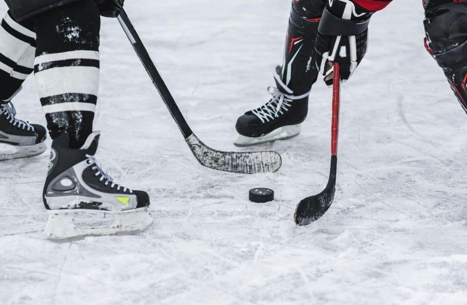 Door County winter guide, two people playing hockey