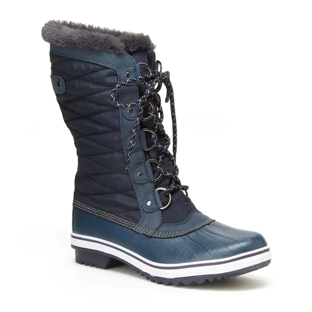 best sustainable boot brands, blue tall boot with lacing and faux fur