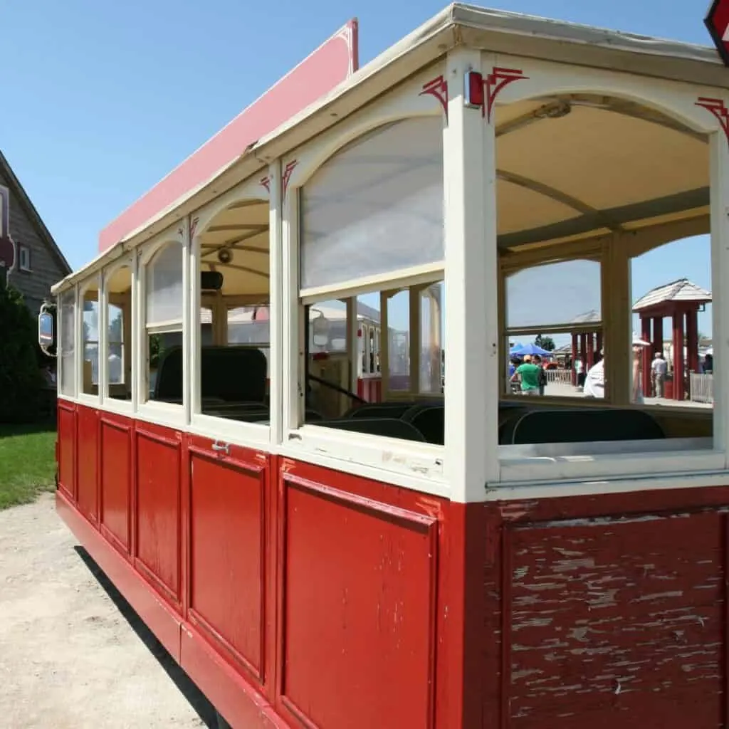 a red and white trolley