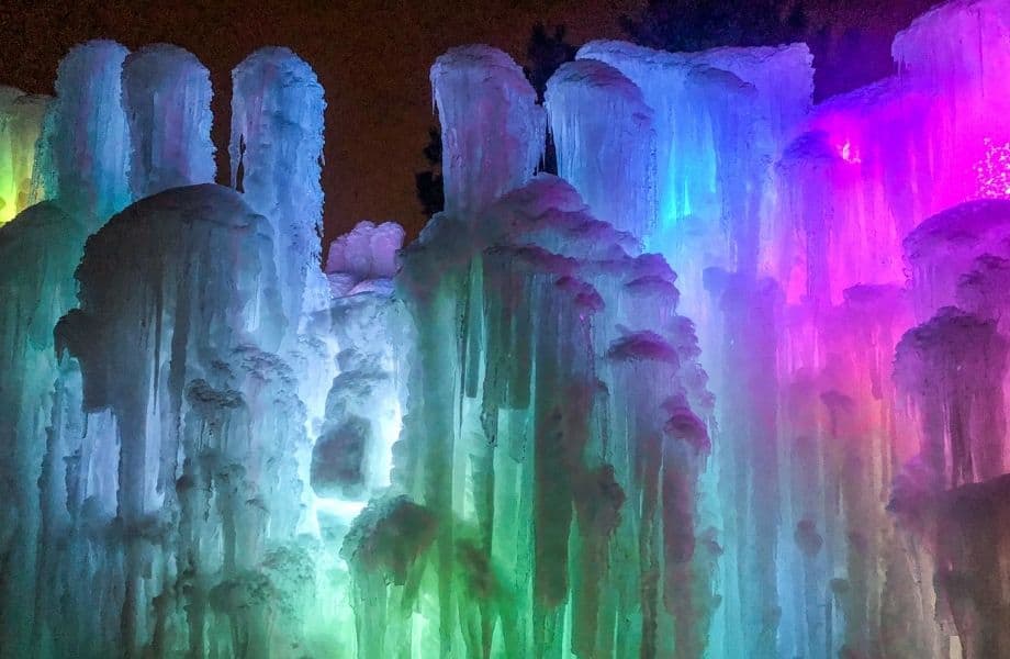 Lake Geneva winter events, Lake Geneva Ice Castles lit up with different colors at night