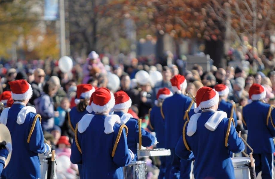 Fun winter activities in Lake Geneva, parade with band members dressed as santa