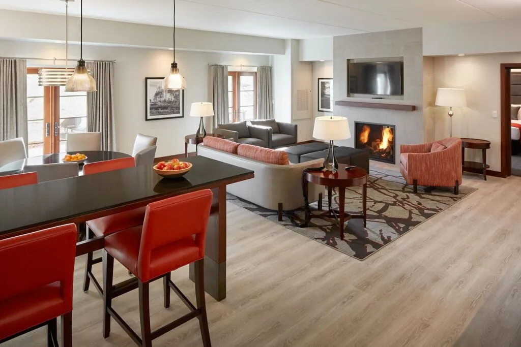 best places to stay in Sheboygan, WI, large suite living room with fireplace and couch