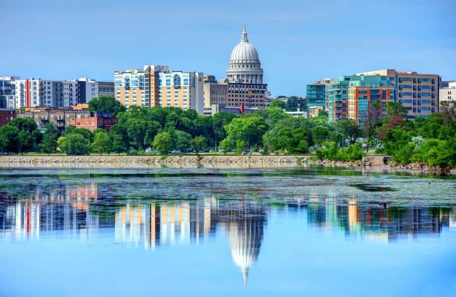 fun things to do in Madison, Wisconsin, view of the Madison skyline and reflection in the lake