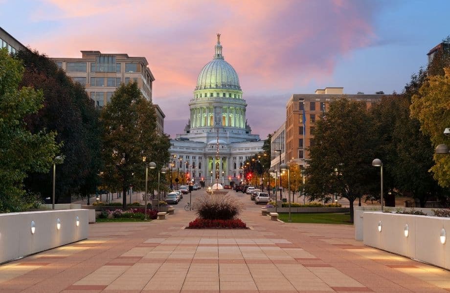 Halloween events in Madison, Wisconsin, view of capitol building from state street in Madison, WI