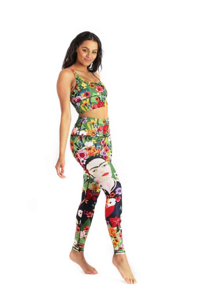 best eco yoga leggings, woman posing in yoga pants and bra with Frieda Kahlo designs