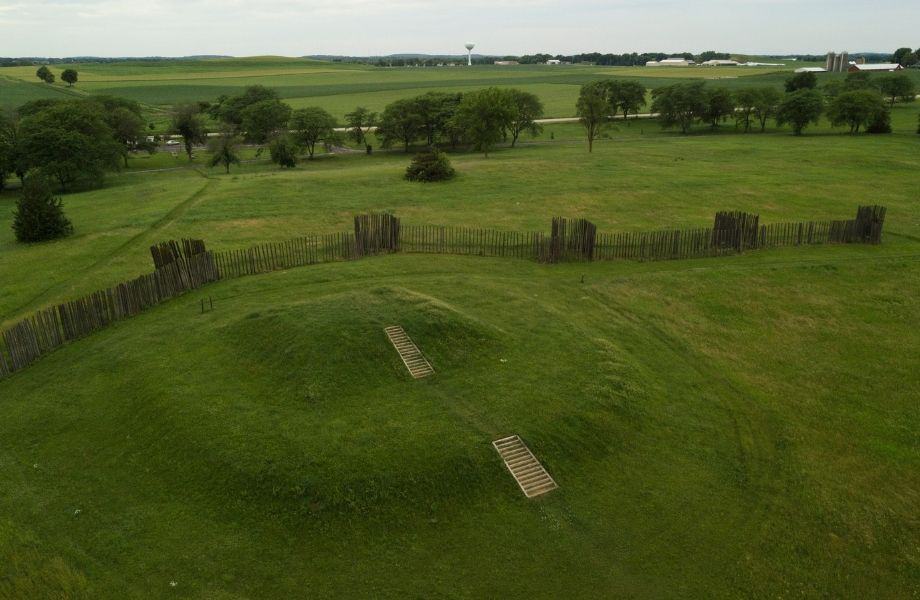 best parks in wisconsin, aerial view of pyramid and fence at Aztalan State Park