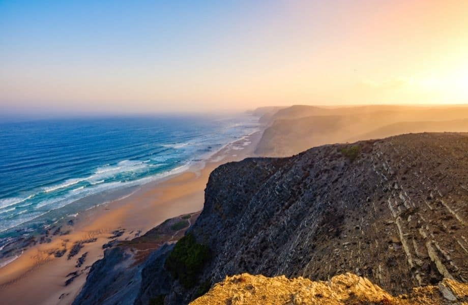 best hiking in Portugal, view of Castelejo mountains and beach at sunset