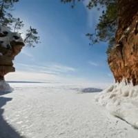 Cool places to go in Wisconsin in winter, best view of Apostle Islands Ice Caves on frozen Lake Superior, Wisconsin